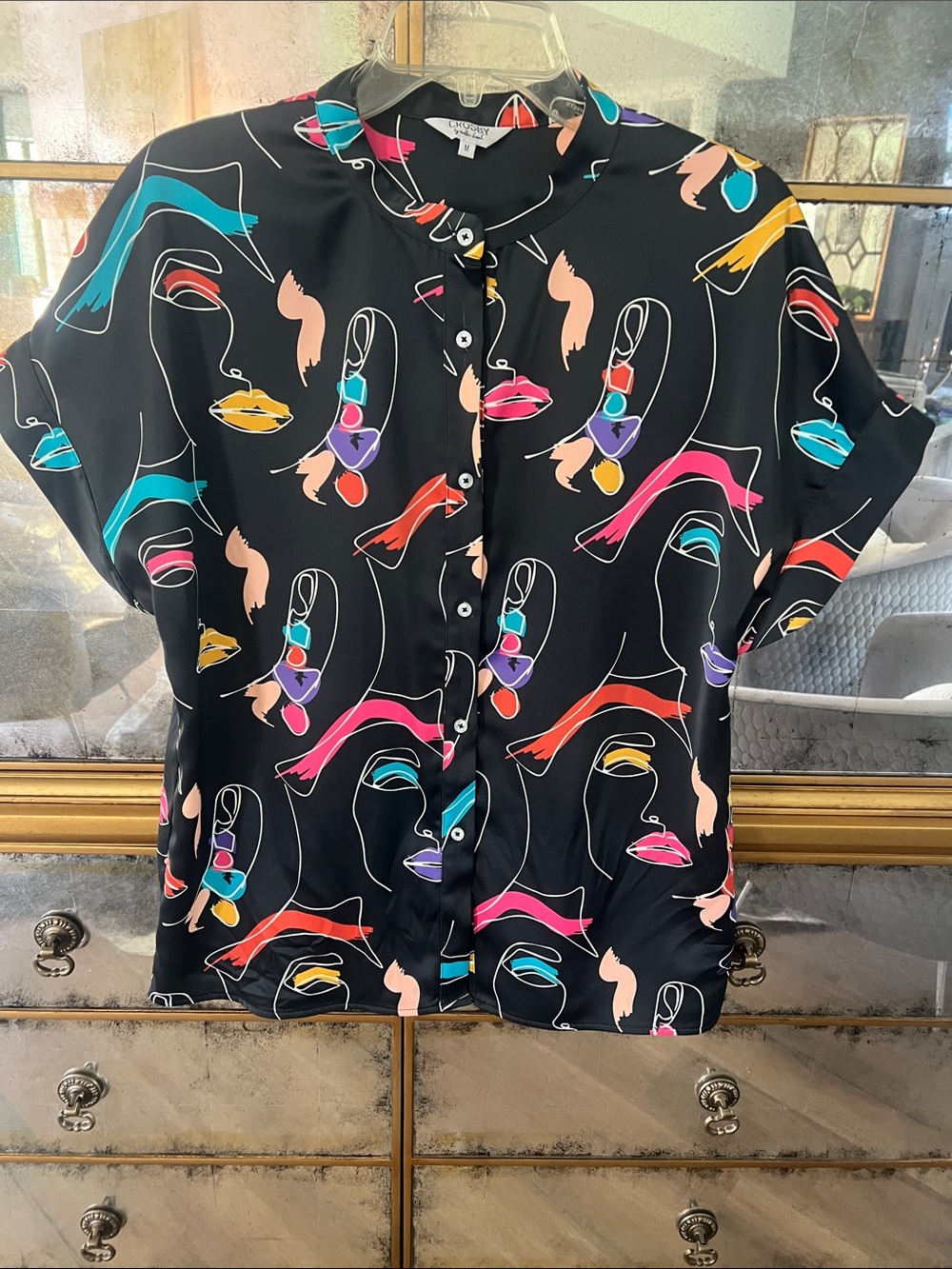 Abstract Face Print Button-Front Blouse - Black
